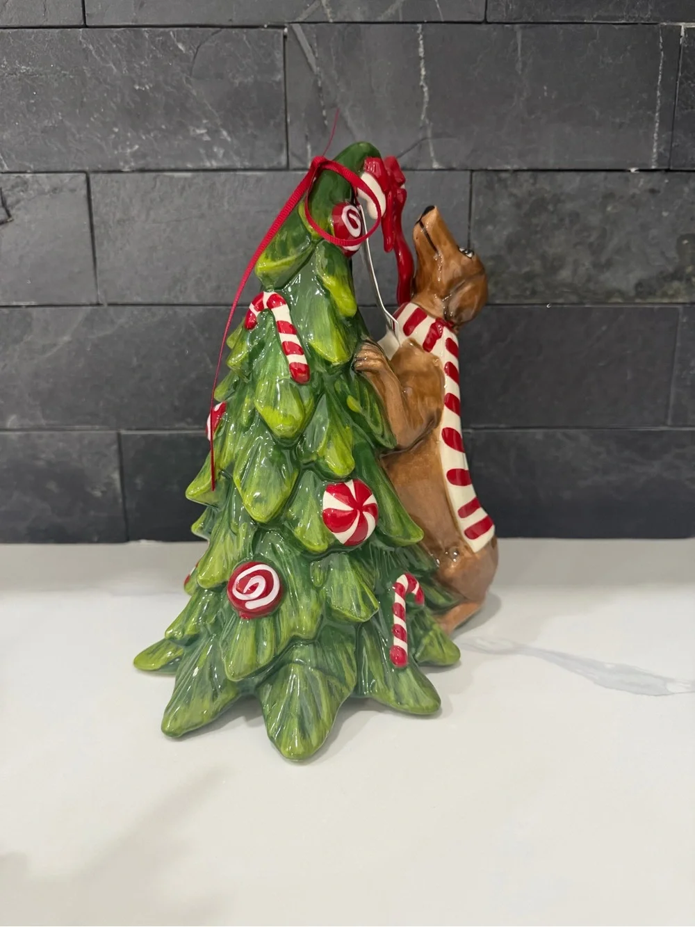 Festive Dog & Christmas Tree Holiday Figurine - Red and Green